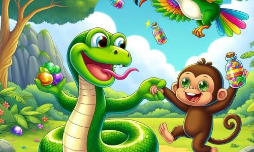 Um serpente chamado Serpentino, com escamas verdes e brilhantes, grandes olhos curiosos e um sorriso alegre, está dançando felizmente no meio de uma clareira ensolarada. Ao seu lado, uma pequena macaca chamada Mica, com pelagem marrom e olhos brilhantes, salta de alegria segurando tampinhas coloridas nas patas. Um tucano colorido chamado Tico, com um bico vibrante, voa acima deles rindo, acrescentando à atmosfera festiva. A clareira é cercada por árvores majestosas com folhas verdes, e o chão está coberto de flores coloridas e objetos brilhantes, criando um cenário alegre e vibrante. A cena principal mostra Serpentino e Mica se divertindo juntos, dançando e rindo, cercados por seu tesouro de coisas brilhantes, celebrando sua amizade em um momento de pura felicidade.