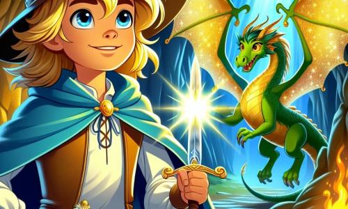 Um jovem chamado Henrique, com cerca de 12 anos, está corajosamente diante de uma caverna escura. Ele usa uma capa azul flutuante e um chapéu de aventureiro, com um olhar determinado e esperançoso. Em sua mão, ele segura uma espada de luz, pronto para enfrentar o desafio que o aguarda. Ao seu lado, a magnífica Rainha das Fadas, uma mulher mágica de cerca de 100 anos (mas com aparência de jovem), flutua graciosamente no ar. Seus cabelos dourados brilham como raios de sol e suas asas cintilantes emitem uma suave luz. Ela sorri agradecida a Henrique, reconhecendo seu coragem. Perto deles, um dragão majestoso, com escamas verdes brilhantes e olhos vermelhos, observa Henrique com um misto de desafio e interesse. A caverna é misteriosa, com paredes de pedra cobertas de cristais e sombras dançantes criadas pela luz da espada de Henrique. Tesouros cintilantes estão espalhados ao redor, adicionando magia ao ambiente. A cena principal mostra Henrique pronto para enfrentar o dragão, enquanto a Rainha das Fadas o encoraja com um sorriso, criando um momento de tensão e esperança, onde coragem e amizade se encontram em um mundo encantado.