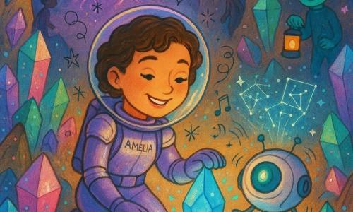 O exploratoare, Amelia, privește uimită și concentrată, zâmbitoare, în costum spațial ușor violet-argintiu, păr scurt și buclat, atingând delicat un cristal cântător ce emite scântei albastre; lângă ea vibrează un mic robot prietenos, rotund, cu un ochi verde luminos, proiectând holograme cu hărți stelare; la intrarea grotei, la câțiva pași în spate, un băiat lunar de circa 8 ani, piele ușor turcoaz și păr alb, timid și curios, ține o lanternă; grota e căptușită cu cristale geometrice sclipitoare multicolore (albastre, roz, smarald) cu reflexii sidefii și scântei plutitoare, iar la intrare se apropie o furtună cosmică cu nori violacei și fulgere roz, creând o scenă centrată pe Amelia și cristal, plină de mirare și ușoară tensiune, în culori vii, texturi lucioase, contururi moi și atmosferă magică și sigură.