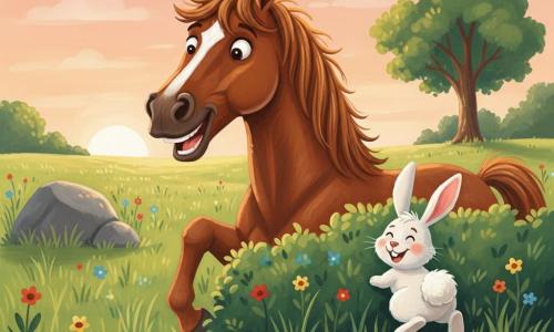 A large glossy brown horse with a shiny mane leans forward laughing mischievously as it spots a small fluffy white rabbit with pink ears peeking from behind a bush, showing only its round tail and smiling, ready to leap; the rabbit is just to the horse’s right. The setting is a green meadow with tall grass, a large gray rock, a thick-trunked tree and colorful flowers under a low sun painting the sky pink and orange. The scene depicts a playful, tender game of hide-and-seek rendered in soft gouache-like colors and visible brush textures.