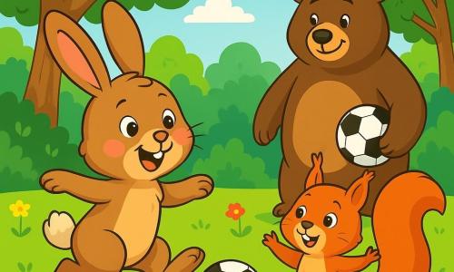 Ein fröhlicher kleiner Hase namens Felix mit weichem, braunem Fell, großen aufrechten Ohren und neugierigen, funkelnden Augen springt begeistert auf einem grünen Spielplatz. Er lächelt breit, seine rosigen Wangen verraten seine Aufregung, während er sich darauf vorbereitet, mit seinen Freunden Fußball zu spielen. Neben ihm steht ein kleines Eichhörnchen namens Mia mit rotem Fell und einem buschigen Schwanz, das voller Energie und Freude die Pfoten in die Luft hebt, bereit zu rennen. Im Hintergrund steht ein großer, kräftiger Bär namens Ben mit dunklem Fell, der freundlich lächelt und einen Fußball unter seiner Pfote hält. Der Ort ist eine sonnige Lichtung, umgeben von majestätischen Bäumen mit leuchtend grünen Blättern und bunten Blumen auf dem Boden, was eine fröhliche und einladende Atmosphäre schafft. In der Mitte versammeln sich die Tiere, um gemeinsam Fußball zu spielen, was den Teamgeist und die Gleichheit zeigt, während sie bereit sind, Spaß zu haben und zu lachen.