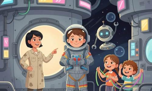 Junger Astronaut, lächelnd mit neugierigen Augen und kurzen braunen Haaren, in grauem Anzug mit bunten Streifen hält vorn behutsam ein kleines Geschenk und ein Band; eine etwa 35-jährige Frau (Mira) mit kurzen schwarzen Haaren und fettverschmierter Bluse lächelt und zeigt auf eine offene Luke hinter ihnen, leicht links vom Mann; zwei Kinder (Mädchen ~8, Junge ~6) lachen rechts bei einem Geländer und imitieren den neuen kontaktlosen Gruß mit bunten Bändern; ein kleiner runder Dienerroboter aus hellem Metall mit blauen Lichtern schwebt zwischen Mann und Frau und trägt ein schmales Werkzeug; Szene in einer großen Innen-Relaisstation mit gestapelten runden Modulen, bunten Leuchtfeldern, stilisierten Rohren und Kabeln, metallischen Böden mit sanften Reflexen und Bullaugen zu den Sternen; Hauptsituation: Rückgabe eines gefundenen Pakets und Erfindung eines kontaktlosen Grußes — freundliche Gesten, sichtbare bunte Bänder, strahlende Gesichter, warme, organisierte Stimmung.