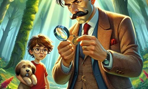 Un detectiv, Andrei, de aproximativ patruzeci de ani, cu o mustață mare și o jachetă elegantă din tweed, stă în centrul imaginii, concentrat și hotărât, examinând un mic medalion strălucitor cu o lupă. Lângă el, Alex, un băiat de doisprezece ani cu părul castaniu și un tricou roșu, se uită cu curiozitate, cu ochii mari, în timp ce arată cu degetul o amprentă de labă pe sol. În fundal, Mihai, un băiat de zece ani cu ochelari și un zâmbet timid, observă cu interes, ținând un cățel în brațe. Scena se desfășoară într-o pădure verde, cu copaci majestuoși și frunze luxuriante, razele soarelui filtrându-se printre crengi, creând o atmosferă misterioasă și magică. La sol, frunzele uscate și florile sălbatice adaugă culoare mediului. Situația principală arată cum Andrei și copiii sunt în plină anchetă, căutând indicii pentru a-l găsi pe câinele dispărut, Max, cu o atmosferă de excitație și mister palpabil.