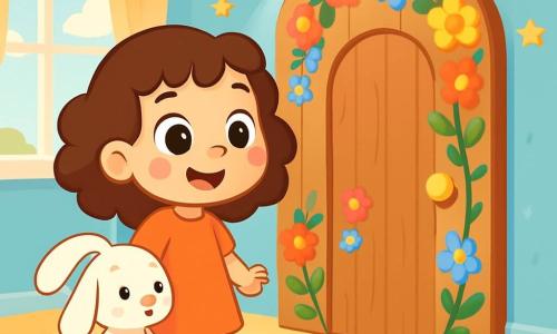 Una niña de 4 años, Lila, con grandes ojos brillantes y cabello rizado castaño, está frente a una puerta mágica de madera adornada con flores coloridas. Sonríe con asombro y sus mejillas están ligeramente sonrojadas de emoción. A su lado, su peluche Conejín, un adorable conejo blanco con grandes orejas caídas, observa la puerta con curiosidad. El lugar es una habitación infantil luminosa, con paredes pintadas de azul pastel, estrellas doradas colgadas del techo y juguetes esparcidos por el suelo. La luz del sol entra por una ventana, iluminando la habitación con un suave resplandor. Lila se prepara para abrir la puerta mágica, su corazón late con anticipación, mientras Conejín parece listo para acompañarla en esta nueva aventura.