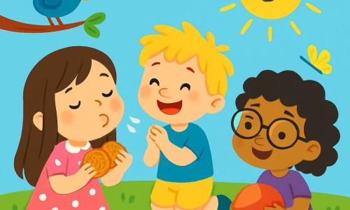 Ci sono 3 personaggi: - Marta: una ragazza di 6 anni con lunghi capelli castani e occhi scintillanti. Indossa un vestito rosa a pois bianchi e tiene dei biscotti in mano. - Leo: un ragazzo di 5 anni con capelli biondi arruffati e un grande sorriso. Indossa una maglietta blu e pantaloni corti gialli, e sta applaudendo felicemente. - Nina: una ragazza di 5 anni con capelli neri ricci e occhiali rotondi. Indossa una gonna verde e una maglietta viola, ed è seduta sull'erba, tenendo una palla rossa. I tre amici sono seduti su un prato verde, circondati da fiori colorati. Il cielo è blu con alcune nuvole bianche e un sole splendente illumina la scena. Marta soffia su candele immaginarie, mentre Leo applaude e Nina sorride tenendo la sua palla. Una piccola farfalla gialla vola intorno a loro e un uccello blu canta su un ramo vicino, aggiungendo un tocco di magia al loro felice compleanno.