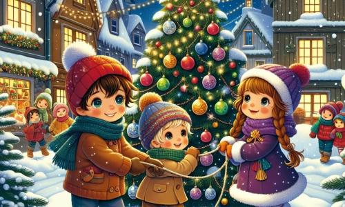 Tre bambini sono al centro dell'immagine: Luca, un ragazzo di quattro anni con i capelli castani arruffati, indossa un berretto rosso e una sciarpa blu. Sta tirando una corda per far avanzare un grande albero di Natale decorato con luci scintillanti e palline colorate. Alla sua destra, Marco, un altro ragazzo di quattro anni con i capelli biondi e le guance rosate, guarda con meraviglia, le braccia alzate in segno di gioia. A sinistra, Giulia, una bambina di quattro anni con lunghi capelli castani intrecciati, indossa un cappotto viola e un berretto con pompon. Sorride mentre tiene una stella dorata pronta per essere posizionata sulla cima dell'albero. Il contesto è una pittoresca piazza di villaggio innevata, con case in legno dai tetti coperti di neve, illuminate da luci festose. Fiocchi di neve cadono dolcemente dal cielo stellato, creando un'atmosfera magica e festosa. I bambini stanno riportando l'albero di Natale al centro della piazza, circondati da neve scintillante, pronti a celebrare il Natale insieme, con sorrisi radiosi sui loro volti.
