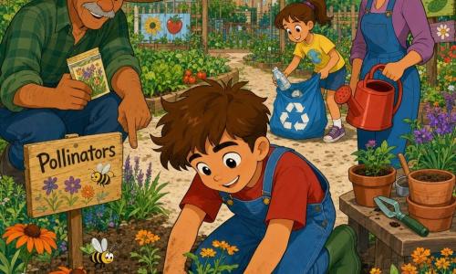 An 8-year-old boy with a round face, tousled brown hair and bright eyes, smiling and determined, kneels in the soil planting wildflowers with slightly dirty hands, wearing green boots and denim overalls; a woman in her 30s–40s with her hair tied in a scarf stands to his right holding a red watering can, smiling kindly; an older man in his 60s with tanned skin and a wide straw hat stands to his left holding a packet of seeds and pointing to a small 