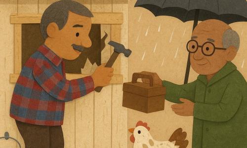 Um homem, João, sorridente e calmo, rosto redondo, bigode fino, cabelos grisalhos com castanho, camisa xadrez vermelha e azul, botas de borracha enlameadas, segura um martelo e uma tábua pregando a janela quebrada do galinheiro com postura concentrada e serena; um vizinho mais velho, Sr. Paulo (cerca de 60 anos), cabelos ralos e óculos redondos, casaco impermeável verde, está do lado de fora sob um grande guarda-chuva oferecendo uma caixa de ferramentas; uma galinha curiosa, Pérola, plumagem branca com manchas castanhas, olhos vivos, fica junto aos pés de João sobre a palha observando; local: galinheiro rústico de madeira clara, palha no chão, comedouro metálico e um balde de água pendurado, chuva fina visível e gotas nas tábuas; situação: reparo tranquilo sob chuva com atmosfera acolhedora apesar do tempo, cores quentes contrastando com o cinza; estilo gráfico: papéis sobrepostos, texturas de cartão e tecido, contornos nítidos e sombras leves.