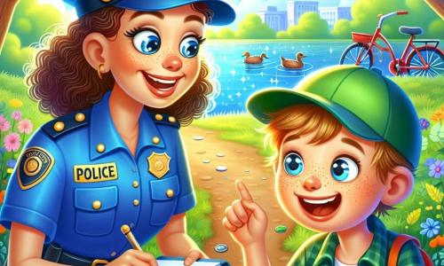 Eine lächelnde Polizistin mit lockigem braunem Haar und einer strahlend blauen Uniform beugt sich zu einem etwa 10-jährigen Jungen mit blonden Haaren und Sommersprossen, der eine grüne Mütze trägt. Ihre neugierigen, funkelnden Augen und ihr herzlicher Lächeln zeigen ihre Begeisterung, ein Rätsel zu lösen. Der Junge hält ein kleines Notizbuch in den Händen, seine Augen strahlen vor Aufregung, während er auf eine glänzende Münze zeigt, die er auf dem Boden gefunden hat. Sie befinden sich in einem grünen Park, umgeben von laubtragenden Bäumen und bunten Blumen, mit einem funkelnden See im Hintergrund und ruhig schwimmenden Enten. Die Szene zeigt die Polizistin und den Jungen im Gespräch, während sie nach Hinweisen suchen, um ein rotes Fahrrad mit einem gelben Korb zu finden, das gestohlen wurde. Die Atmosphäre ist fröhlich und dynamisch, voller Kameradschaft und Abenteuer.