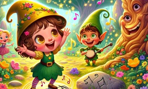 En un jardín mágico, una niña de 3 años, Lía, con grandes ojos brillantes y rizos castaños, lleva un sombrero en forma de cacerola. Ríe a carcajadas, con los brazos en alto, girando alrededor de una roca que canta, sus mejillas sonrojadas por la emoción. Junto a ella, un duendecillo llamado Tito, de unos 5 años, con piel verde y orejas puntiagudas, ríe con las manos en las caderas, sus ojos brillando de travesura. El jardín está lleno de flores coloridas de formas extrañas, grandes árboles de troncos retorcidos y una luz dorada que filtra a través de las hojas, creando un ambiente alegre y mágico. La escena muestra a Lía y Tito cantando juntos alrededor de la Roca Cantora, que emite notas musicales coloridas, mientras una bandada de pequeños pájaros coloridos los acompaña, creando una atmósfera festiva y mágica.