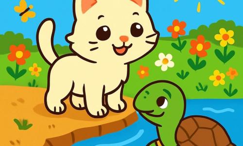 Un pequeño gato de ojos brillantes y pelaje suave como el algodón, llamado Misi, se encuentra en la orilla de un gran y brillante río. Expresa una curiosidad alegre, con las orejas erguidas y la cola en alto. A su lado, una tortuga anciana, con un caparazón rugoso y ojos sabios, nada lentamente en el agua clara, lista para ayudarlo a cruzar el río. Al fondo, se extiende un prado colorido, lleno de flores brillantes y mariposas danzantes bajo un cielo azul soleado. Misi mira el río con asombro, preparándose para subirse al lomo de la tortuga y descubrir el otro lado de este mundo encantador.