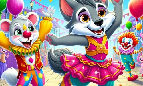 Leo, un giovane lupo dai peli grigi e dagli occhi scintillanti, indossa un costume colorato con una grande gonna rosa e scarpe brillanti. Danza gioiosamente, con un grande sorriso sul volto, tenendo una corona dorata sopra la testa. Accanto a lui, un coniglio bianco con grandi orecchie e naso rosa salta di gioia, con gli occhi spalancati dall'eccitazione. Un clown con un naso rosso e capelli multicolori fa acrobazie, ridendo mentre li guarda, aggiungendo un tocco di magia alla scena. Lo sfondo è una piazza animata di Feliciville, piena di colori vivaci: palloncini fluttuano nell'aria, bandierine scintillanti decorano gli alberi e banchi di dolci offrono prelibatezze. La scena principale mostra Leo, il lupo, che celebra il successo della sua ricerca per ritrovare la corona del re del Carnevale, circondato dai suoi amici, pronti a ballare e divertirsi insieme sotto un cielo soleggiato.