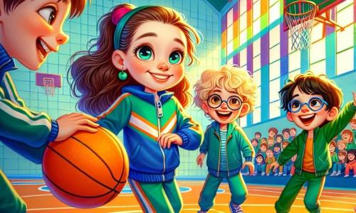 Una niña de 8 años, Lucía, con largos cabellos castaños y ojos brillantes, se encuentra en el centro de un gimnasio luminoso. Lleva un chándal azul con rayas verdes, y su rostro expresa una mezcla de nerviosismo y emoción, con una ligera sonrisa. A su derecha, Ana, una niña de 8 años con cabello rubio y rizado, la anima con una gran sonrisa, sosteniendo un balón de baloncesto naranja. A la izquierda, Leo, un niño de 8 años con gafas y cabello castaño, ríe alegremente mientras salta, listo para atrapar el balón. El gimnasio está lleno de colores vivos, con líneas blancas en el suelo y aros de baloncesto colgados del techo. La escena principal muestra a Lucía preparándose para lanzar el balón hacia el aro, rodeada de sus amigos, todos listos para animarla, ilustrando así el tema de superar los miedos juntos.
