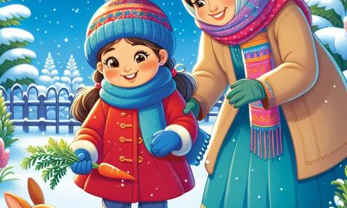 Una niña de 9 años, llamada Marta, está en el centro de la imagen, sonriendo con alegría. Lleva un abrigo rojo brillante, un gorro de lana azul y guantes a juego, mientras sostiene una zanahoria en su mano, lista para dársela a un pequeño conejo que se acerca. A su lado, su madre, Ana, una mujer de unos 35 años, viste un abrigo beige y una bufanda colorida, sonriendo amorosamente al mirar a su hija. El fondo es un jardín invernal encantador, cubierto de una gruesa capa de nieve brillante bajo un cielo azul claro, con árboles cargados de nieve y huellas de conejo en el paisaje. La escena principal muestra a Marta, entusiasmada, lista para alimentar al conejo que acaba de salir de su madriguera, simbolizando la magia y la belleza del invierno.