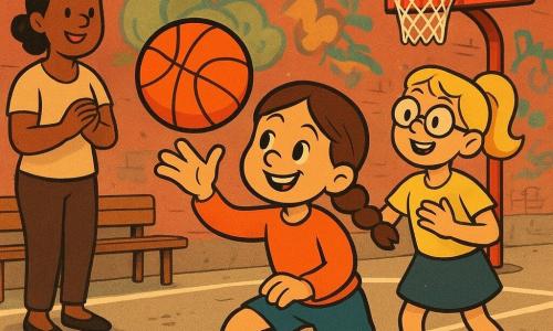 Ein 8-jähriges Mädchen, Mira, lächelnd aber konzentriert, braune Zöpfe in Bewegung, bunte Kleidung (orangenes Sweat, blaue Shorts), dribbelt einen glänzenden orangefarbenen Basketball, Knie leicht gebeugt, dynamische Haltung; ein 9-jähriges Mädchen, Leni, blonde Pferdeschwanz, runde Brille, steht neben dem Korb und zeigt eine Passgeste, ermutigendes Lächeln, etwas rechts im Hintergrund; eine etwa 35-jährige Mutter mit zusammengebundenen Haaren in lässiger Kleidung beobachtet am Spielfeldrand links und klatscht sanft, neben einer Holzbank; Schauplatz: Außen-Basketballplatz mit rissigem Betonboden, sauberen weißen Linien, rotem Korb mit weißem Netz, Backsteinmauern und bunten Graffitis im Hintergrund, sanftes spätes Nachmittagslicht; Hauptsituation: Mira versucht einen Wurf, Ball über ihrer Hand kurz vor dem Abwurf eingefangen, fröhliche ermutigende Atmosphäre, warme kontrastreiche Farben, retro Cartoon‑Stil 