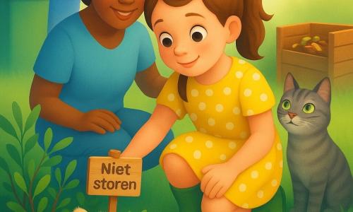 Een achtjarig meisje, blij en geconcentreerd, bruin paardenstaartje, lichte huid, grote nieuwsgierige ogen, geel jurkje met witte stippen en groene laarzen, knielt bij een klein nest in een struik en houdt een houten bordje 