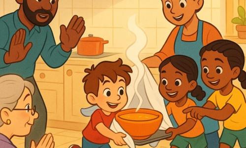 Menino de 4 anos, olhos brilhantes e sorriso determinado, cabelo castanho desgrenhado, segura com as duas mãos uma grande tigela de sopa laranja, postura ligeiramente inclinada e expressão concentrada e alegre; à direita, a mãe (~30 anos) de cabelos castanhos presos em coque, sorridente e protetora, enrola um guardanapo branco em torno da tigela como uma 