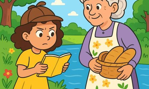 Clara, uma jovem de cabelos castanhos e cacheados, usa um vestido amarelo brilhante e um pequeno chapéu de detetive. Com um olhar curioso e determinado, ela segura um caderno amarelo nas mãos, observando atentamente um guarda-chuva vermelho abandonado perto do rio. Dona Beatriz, uma mulher idosa de cerca de 60 anos, com cabelos grisalhos e um avental florido, está próxima, segurando uma cesta de pão e olhando para Clara com um sorriso gentil, pronta para compartilhar informações. O cenário é uma margem de rio tranquila, com árvores verdes exuberantes e flores coloridas. O sol brilha em um céu azul claro, e a água brilha suavemente à luz. Clara está resolvendo o mistério do guarda-chuva vermelho esquecido, cercada pela natureza, com um ar de concentração no rosto, pronta para descobrir a verdade.