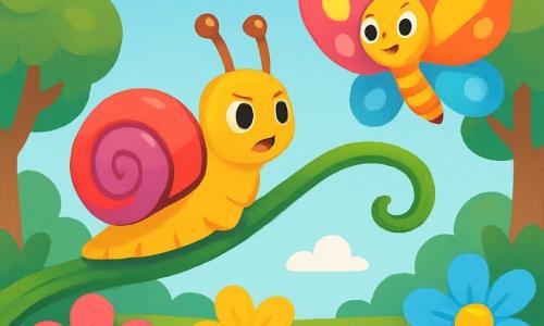 A little snail named Sammy, with a shiny spiral shell in bright colors, slowly glides on a green leaf, displaying a determined and courageous expression. Next to him, a pretty butterfly named Bella, with sparkling multicolored wings, joyfully flies, ready to play. The setting is a magical garden filled with vibrant flowers in pink, yellow, and blue petals, with shimmering dewdrops sparkling in the sun. In the background, majestic trees with lush leaves and a light blue sky dotted with fluffy white clouds can be seen. The main scene shows Sammy bravely climbing a long vine, stretching his antennae towards Bella, who is caught in the wind, ready to help him.