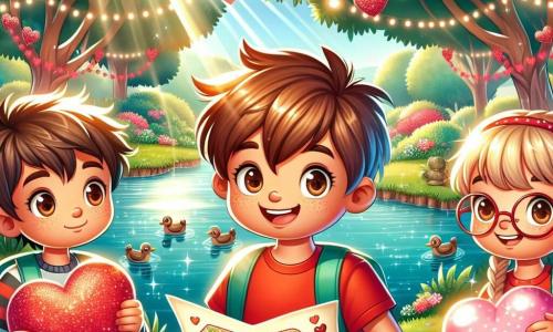 A 10-year-old boy, Sammy, with messy brown hair and a big joyful smile, holds a sparkling treasure map in his hands. He is wearing a bright red t-shirt and blue shorts, his eyes sparkling with excitement. Next to him is Mia, a 10-year-old girl with braided blonde hair and round glasses, waving a pink heart-shaped balloon, her face radiating happiness. Slightly behind, Leo, a 10-year-old boy with curly hair and glasses, looks at the map with curiosity, a slight smile on his lips. The setting is a sunny park filled with colorful flowers, large trees with vibrant green leaves, and Valentine's decorations like red hearts and sparkling garlands. In the distance, a pond sparkles in the sun, and ducks swim peacefully. The main scene shows Sammy, Mia, and Leo getting ready to start their Valentine's treasure hunt, surrounded by festive decorations, with shiny clues scattered around, ready to be discovered.