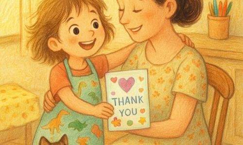 6-year-old girl, joyful and proud, tousled light brown hair and bright round eyes, wearing an oversized dinosaur apron, offering a pearlescent 
