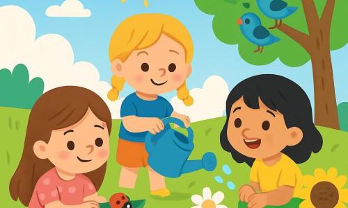 There are three characters: - Lily: a 6-year-old girl with long brown hair and a pink polka dot dress. She is sitting on the grass, watching a small ladybug on a leaf. - Mia: a 5-year-old girl with braided blonde hair and a blue t-shirt. She is standing next to Lily, holding a blue watering can, ready to water the plants. - Zoe: a 6-year-old girl with black hair and a green skirt. She is crouched near the flowers, smiling and watching the birds in the tree. The setting is a sunny garden filled with colorful flowers, with red tulips, white daisies, and yellow sunflowers swaying in the breeze. Tall trees with green leaves provide shade, and a bright blue sky is dotted with fluffy white clouds. The main scene shows the three girls tending to their garden. Lily admires the ladybug, Mia carefully waters the plants, and Zoe watches the singing birds, all together in a moment of joy and harmony with nature.