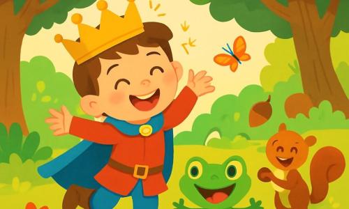 A joyful prince, about 7 years old, with a big smile and sparkling eyes, wears a shiny crown that jingles with each step. He is jumping for joy in a sunny clearing. Next to him, a green frog dressed in little red boots jumps excitedly, its round eyes sparkling with mischief. A playful squirrel, with brown fur and a bushy tail, juggles acorns, laughing joyfully. 

The setting is an enchanted forest, with thick-trunked trees, vibrant green leaves, and colorful flowers dancing in the breeze. Shimmering butterflies fly around, adding a touch of magic to the atmosphere. 

The main scene shows the prince and his friends playing together, laughing and having fun, creating an ambiance of joy and friendship in this enchanted kingdom.