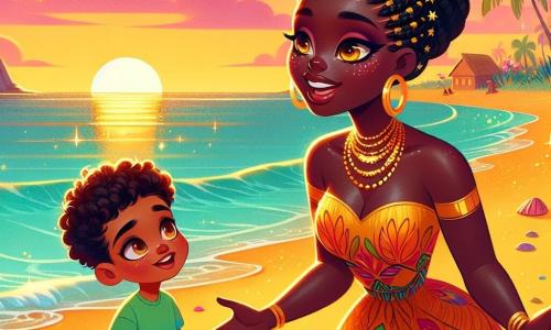 Sira, a woman with braided black hair and golden skin, stands on a golden beach at sunrise. Her face radiates joy and wonder, her eyes sparkling like stars. She wears a colorful dress adorned with vibrant African patterns, her arms open as if to embrace the world. Next to her, Amadou, a six-year-old boy with curly hair and caramel skin, looks at Sira with admiration. He wears lightweight shorts and a brightly colored t-shirt, his eyes twinkling with excitement. He approaches her, ready to listen to her story. The setting is a beautiful beach where golden sand meets turquoise waves under a pastel sky tinged with pink and orange. Palm trees sway gently in the breeze, and seashells shimmer on the shore. The main scene shows Sira telling a captivating story, her strong and joyful voice resonating on the beach, while Amadou listens attentively, mesmerized by the words that dance around them like flying birds.