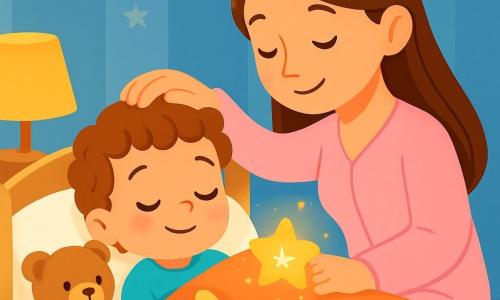 Een jongetje van 2 jaar, met kastanjebruin, krullend haar, grote glanzende ogen en een zachte glimlach, ligt in zijn knusse bedje omringd door knuffels. Hij lijkt kalm en sereen, met een lichte glans van geluk op zijn gezicht. Naast hem zit zijn moeder, een vrouw van in de dertig met lang, steil haar, in een pastel pyjama, die zachtjes zijn hoofd aait met een tedere en rustgevende blik. De kamer is gezellig, lichtblauw geschilderd, met gouden sterren aan het plafond en een zachte tapijt onder het bed. Een zachte, gedimde verlichting verlicht de ruimte en creëert een warme en rustige sfeer. In deze scène ademt het jongetje diep in, met gesloten ogen, terwijl een kleine, sprankelende ster om hem heen danst, wat een gevoel van magie en vrede brengt.