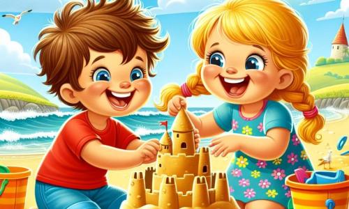 A 3-year-old boy with messy brown hair and a big joyful smile is playing in the sand. He is wearing a red t-shirt and blue shorts. His eyes shine with excitement as he builds a sandcastle. Next to him, a 3-year-old girl with blonde hair in braids helps by adding seashells to the castle. She is wearing a colorful floral dress and laughs as she looks at the boy. The scene takes place on a sunny beach with golden sand dunes, gentle waves breaking on the shore, and a blue sky dotted with a few white clouds. Colorful buckets and shovels are scattered around them. The two children are building a large sandcastle, surrounded by laughter and joy, while the sun shines and seagulls fly above them.