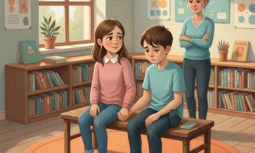 Fată de 10 ani, păr șaten până la umeri, ochi curioși, față blândă îngrijorată, stă pe o bancă de lemn ținând timid de mână un coleg și zâmbind reconfortant; băiat de 10 ani, păr scurt brun, privire tristă cu lacrimi uscate, umeri aplecați, ține un telefon mic în buzunar și privește în jos; femeie adultă (învățătoare, ~40 ani), păr cenușiu prins în coc, expresie binevoitoare, stă la câțiva pași în spate cu brațele încrucișate, atentă și pregătită să intervină; locație: colțul bibliotecii școlii cu rafturi joase din lemn pline de cărți colorate, postere educaționale pe pereți, o fereastră mare cu lumină blândă de dimineață și un covor rotund portocaliu sub bancă; scenă: moment de consolare după hărțuire, atmosferă caldă și calmă, culori pastelate cu o mică umbră lângă băiat pentru a sublinia tristețea, compoziție centrată pe legătura umană dintre cei doi.