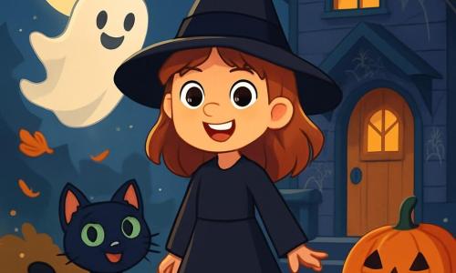 Uma menina de 12 anos, Clara, está no centro da imagem, vestida com um vestido de bruxa preto e um chapéu pontudo. Seu rosto irradia curiosidade e empolgação, com grandes olhos brilhantes e um sorriso radiante. Ao seu lado, um pequeno gato preto chamado Pipoca, com olhos verdes cintilantes, observa ao redor com uma expressão travessa. Ao fundo, um fantasma amigável chamado Boo, flutuando suavemente, é visível. Ele tem um rosto sorridente e olhos brilhantes que emanam uma aura acolhedora. A cena acontece diante de uma casa antiga, decorada com teias de aranha e abóboras esculpidas, sob um céu noturno estrelado e uma lua cheia brilhante. Clara e Boo estão prestes a entrar na casa misteriosa, cercados pela atmosfera mágica e levemente assustadora do Halloween, com folhas de outono rodopiando ao redor deles.