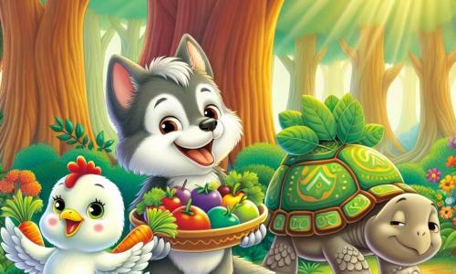 No centro da imagem, um pequeno lobo chamado Léo, com pelagem cinza e olhos curiosos, sorri alegremente enquanto segura um grande prato de frutas coloridas. Ele está de pé sobre as patas traseiras, cheio de energia e entusiasmo. À sua direita, a coquete Clara, uma coelha travessa com pelagem branca e grandes orelhas, salta de alegria, segurando cenouras nas patas dianteiras. À esquerda, Tita, uma tartaruga com casco verde decorado, sorri pacificamente enquanto carrega folhas frescas nas costas. O cenário se passa em uma floresta encantada, com árvores majestosas e folhas verdes vibrantes. Léo, Clara e Tita estão preparando uma grande festa para celebrar suas diferenças, cercados por outros animais da floresta que se reúnem alegremente, trazendo especialidades culinárias. A atmosfera é festiva, cheia de risos e cores, simbolizando harmonia e diversidade.