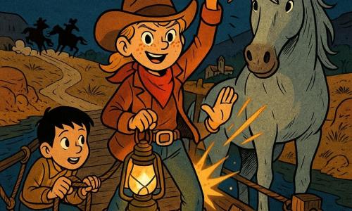 Annie, cowgirl curajoasă, față rotundă cu pistrui, ochi verzi și zâmbet hotărât, purtând pălărie maro, vestă din piele roșcată, bandană roșie, cizme prăfuite și curea cu cataramă argintie, ținând o lanternă cu ulei aprins într-o mână și ridicând cealaltă pentru a proteja podul; Sam, băiat de ~12 ani cu păr scurt și închis la culoare, expresie entuziasmată dar precaută, ghemuit în stânga după o bucată mare de lemn, ținând frânghii; Vânt-de-Argint, cal mare argintiu cu coamă fluturândă și bot pătat de noroi, stă calm în dreapta; loc: pod vechi de lemn peste un râu șerpuitor, scânduri crăpate, scripete și frânghii, maluri cu roci ocru și iarbă uscată, drum prăfuit spre sat; noapte cu Lună galbenă și stele, umbre lungi; situație: capcană declanșată pe pod, panouri de lemn căzând cu scântei, doi hoți fug în depărtare, praf și cai agitați; compoziție centrală, dinamică și eroică; stil: culori calde, contraste puternice, contururi groase și expresii exagerate în spiritul benzilor desenate franco-belge, texturi pe lemn și haine.