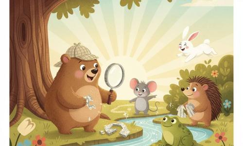 Benny, ein runder, weicher kleiner brauner Bär mit beiger Detektivkappe und glänzender Lupe, hockt fröhlich-konzentriert bei einem funkelnden Spielzeugteil; Mia, eine neugierige, lächelnde graue Maus mit großen Ohren, steht rechts und zeigt eine Spur Glitzer zum Bach; Frido, ein zufriedener grüner Frosch mit glatter Haut, sitzt auf einem feuchten Stein und schaut zu; Igor, ein schüchterner Igel mit weichen Stacheln, kommt aus einem Busch mit dem letzten Spielzeugstück; im Hintergrund hüpft Hoppel, der weiße Langohrenhase, freudig am großen Eichenbaum; Ort: sonnige Waldlichtung am Bach mit moosbedeckten Steinen, bunten Wildblumen und pastellfarbenem Himmel; Hauptsituation: die kleinen Ermittler sammeln unter der Eiche am Bach die verlorenen Spielzeugteile, gemeinsame Freude und Freundschaft, warme, helle Stimmung in sanfter Farbpalette und art-déco-inspirierten Formen.