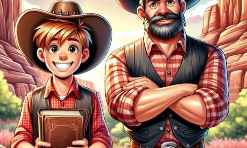 Im Vordergrund steht ein junger Cowboy namens Billy, etwa 20 Jahre alt, mit einem breiten Lächeln und funkelnden, entschlossenen Augen. Er trägt einen abgetragenen Cowboyhut, ein rotes kariertes Hemd und eine Jeans. Stolz steht er vor einer großen Holztür und hält ein altes Buch in den Händen, das sein Abenteuer symbolisiert. Neben ihm steht Big Jack, ein kräftiger Mann von etwa 40 Jahren, mit einem vollen Bart und einem schwarzen Cowboyhut. Er lächelt warmherzig, die Arme verschränkt, und schaut stolz auf Billy. Die Szenerie ist ein majestätischer Canyon mit hohen roten Felsen, die im goldenen Licht der untergehenden Sonne erstrahlen. Kakteen und spärliche Büsche verleihen der trockenen Landschaft einen Hauch von Grün. Die Hauptsituation zeigt Billy, der triumphierend das Buch über seinen Kopf hebt, während Big Jack ihn applaudiert. Die Atmosphäre ist voller Aufregung und Kameradschaft und symbolisiert die Entdeckung eines Schatzes und den Beginn eines neuen Abenteuers.