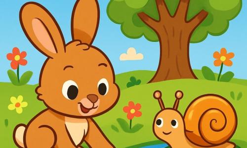 Ein kleiner Hase mit großen Ohren und weichem, braunem Fell steht am Ufer eines glitzernden Baches. Seine Augen strahlen vor Staunen und Neugier, während er vorsichtig mit seinen Pfoten das Wasser berührt. Neben ihm bewegt sich eine hübsche Schnecke mit einer goldenen Spiralenschale langsam auf einem grünen Blatt und zeigt einen friedlichen, weisen Ausdruck. Sie schaut den Hasen wohlwollend an, als ob sie ein Geheimnis teilt. Im Hintergrund steht eine majestätische Eiche mit weit ausgestreckten Ästen wie schützenden Armen, und bunte Blumen tanzen im Wind. Der Himmel ist strahlend blau, gesprenkelt mit weißen, flauschigen Wolken. Die Szene zeigt den Hasen, der dem Bach eine Frage stellt, während die Schnecke aufmerksam zuhört und eine Atmosphäre von Entdeckung und Reflexion schafft.