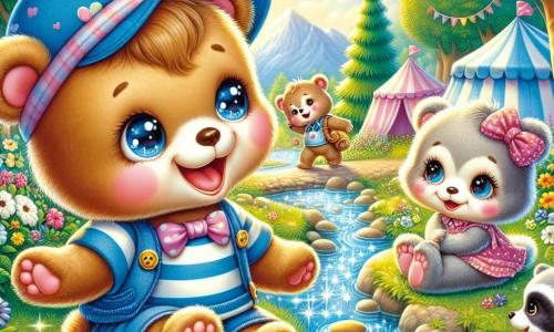 Un pequeño oso de peluche llamado Bruno, con un suave pelaje marrón y ojos brillantes de alegría, lleva una pequeña gorra azul y una camiseta a rayas. Sonríe ampliamente, con los brazos abiertos, mientras juega al borde de un arroyo brillante, rodeado de flores coloridas y grandes árboles verdes. A su lado, una pequeña osa llamada Lila, con pelaje crema y un lazo rosa en la cabeza, ríe alegremente mientras lanza piedras al agua. Un pequeño mapache llamado Nico, con pelaje gris y ojos traviesos, está sentado sobre una piedra, observándolos con una sonrisa divertida. El lugar es un campamento de verano vibrante, con tiendas de colores, guirnaldas de flores y un cielo azul salpicado de nubes blancas y esponjosas. La escena muestra a Bruno y sus amigos divirtiéndose juntos, riendo y jugando al borde del arroyo, capturando el espíritu alegre y despreocupado de las vacaciones de verano.
