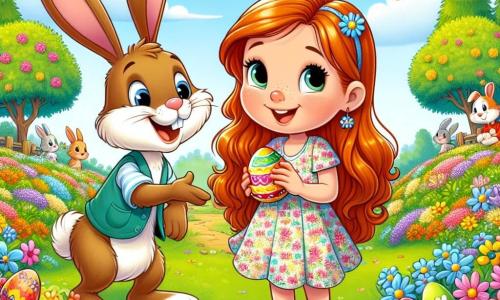 Ein 6-jähriges Mädchen namens Emma mit langen roten Haaren und neugierigen Augen steht lächelnd und begeistert im Mittelpunkt des Bildes und hält ein buntes Ei in ihren Händen. Sie trägt ein blumenbedrucktes Frühlingskleid und Sandalen. Neben ihr steht ein großer, freundlicher Hase mit großen Ohren, der einen blauen Weste trägt und ihr enthusiastisch etwas erklärt. Im Hintergrund beschäftigt sich ein kleinerer brauner Hase damit, bunte Eier unter blühenden Büschen zu verstecken. Der Ort ist ein sonniger Garten voller leuchtender Blumen in allen Farben, mit einem hellblauen Himmel, der von flauschigen weißen Wolken durchzogen ist. Üppige Bäume säumen den Garten, und Schmetterlinge tanzen in der Luft. Die Hauptsituation zeigt Emma und die Hasen, die sich auf eine große Ostereiersuche vorbereiten, mit überall versteckten bunten Eiern, was eine fröhliche und festliche Atmosphäre schafft.