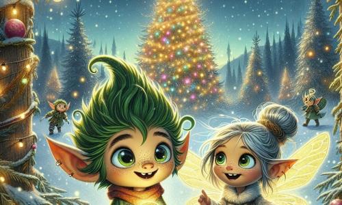 Fips, ein kleiner Kobold mit nadelgrünen Haaren und funkelnden, freudigen Augen, steht im Mittelpunkt der Szene und hält einen glänzenden, geheimnisvollen kleinen Brief in Form eines goldenen Umschlags. Er lächelt aufgeregt und ist bereit, sein Abenteuer zu teilen. Neben ihm lächelt Elara, eine Elfe mit schimmernden Flügeln und silbernem Haar, warmherzig, ihre Augen strahlen vor Magie. Sie hebt eine Hand, um den Weg zu zeigen, umgeben von kleinen, schwebenden Lichtern, die die Szene erhellen. Im Hintergrund sieht man den prächtigen Weihnachtsbaum, geschmückt mit funkelnden Girlanden und bunten Kugeln, umgeben von sanft fallendem Schneeflocken. Das sanfte, warme Licht des Baumes schafft eine märchenhafte Atmosphäre im verzauberten Wald, wo die Bäume mit einer dicken Schicht funkelnden Schnees bedeckt sind. Die Hauptsituation zeigt Fips und Elara, die sich auf ein Abenteuer vorbereiten, mit leuchtenden Sternen am Nachthimmel, was die Magie von Weihnachten und den Geist der Zusammenarbeit illustriert.
