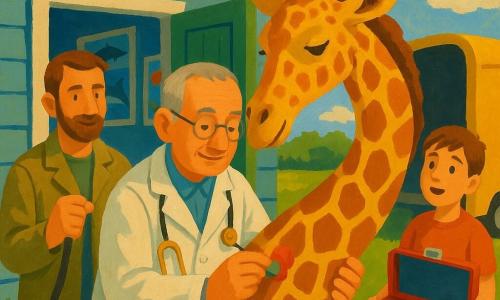 Der Tierarzt Dr. Max, rundes Gesicht, hellgraue Bürstenhaare, dezente Brille, sanftes, konzentriertes Lächeln, trägt eine weißliche, erdbefleckte Kittel und einen goldenen Stethoskop und schmiert behutsam grüne Salbe auf den Hals der Giraffe; sein Assistent Tim, etwa 12 Jahre alt mit kurzen kastanienbraunen Haaren, steht rechts hinter ihm und hält eine große offene Sanitätstasche, und der Besitzer Herr Müller, ungefähr 45, groß, mit kurzer Bartstoppel und khakifarbener Jacke, steht links beruhigt mit der Leine; die Giraffe Gigi, groß und elegant mit sand- und karamellfarbenen Flecken, großen sanften Augen und langen Wimpern, neigt den Hals und zeigt eine kleine rote Stelle, wo die Salbe aufgetragen wird; Schauplatz vor einer hellblau gestrichenen Holztierklinik mit offener Tür, Delfin- und Fischposter an der Wand, grünes Gras, sonniger Himmel mit einigen weißen Wolken und im Hintergrund ein Anhänger, aus dem die Giraffe kam; Stimmung warm und friedlich bei morgendlichem Goldlicht, ruhige, aufmerksame Gesten, lebhafte Farben und sichtbare Acrylpinseltextur.