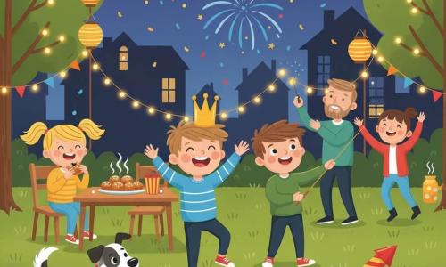 Een feestelijke nieuwjaarsavond in een grote voorstadstuin met lichte sneeuw en guirlandes: de 10-jarige Tom straalt als "koning" met te grote gouden kroon en danst op het gras met opgeheven armen; rechts staat de 10-jarige Sam alert bij een geplaatste vuurpijl; links zit de 10-jarige Lisa met blonde staartjes en eet warme oliebollen; achter Sam staat de vader met baard die voorzichtig een vuurpijl aansteekt; linksonder speelt de bicolor hond Max met een smeltende sneeuwbal; kleurrijke vuurwerkexplosies, confetti en dansende buurtbewoners creëren een warme, levendige sfeer met felle kleuren en eenvoudige, afgeronde vormen.