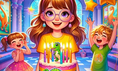 Una ragazza di 10 anni, Camilla, con lunghi capelli castani e occhiali rotondi, sorride con occhi brillanti di eccitazione. Indossa una maglietta gialla con un dinosauro danzante e una gonna colorata a motivi arcobaleno. Camilla tiene una grande fetta di torta decorata con candele a forma di dinosauri, pronta a spegnere le candele. Accanto a lei, il suo amico Pietro, un ragazzo di 10 anni con capelli biondi arruffati e una maglietta verde, la incoraggia alzando le braccia, mentre Emma, una ragazza di 9 anni con due codini e un vestito rosa, ride tenendo un pallone a forma di stella. La scena si svolge all'interno di un museo magico, con pareti decorate da dipinti di dinosauri e teche piene di tesori scintillanti. Luci colorate illuminano la stanza, creando un'atmosfera festosa e gioiosa. Camilla si prepara a spegnere le candele, circondata dai suoi amici, in un'atmosfera piena di risate e sorprese, dove la magia del museo rende questo momento ancora più speciale.