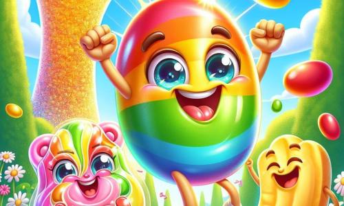 In the center of the image, Jolly, a cheerful jellybean-shaped candy, is rainbow-colored with sparkling mischievous eyes. He is jumping for joy, a wide smile on his face, holding a handful of multicolored jellybeans in his small hands. To his right, Crunchy, a crispy potato chip, is golden-colored with laughing eyes. He is laughing, arms raised in the air, as if he just told a joke. Gummy, a pink gummy bear, is to the left of Jolly, with a big smile and bright excited eyes. He is holding a giant jellybean, ready to take a bite, and looks like he’s about to burst into laughter. The setting is a sunny park in Snackville, filled with colorful flowers and large trees with bright green leaves. In the background, a giant tower of jellybeans sparkles in the sun, adding a magical touch to the scene. The main situation shows the friends preparing for their jellybean contest, surrounded by scattered jellybeans, laughing and having fun together in a joyful and festive atmosphere.