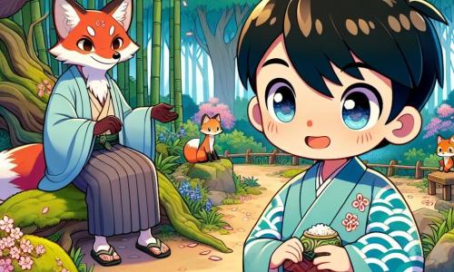 Kenta, ein zehnjähriger Junge mit schwarzen Haaren und neugierigen Augen, steht vor einem alten Erdbodenweg, sein Gesicht zeigt sowohl Aufregung als auch leichtes Angstzittern. Er trägt einen hellblauen Kimono mit Wellenmustern und hält einen kleinen Reisbehälter in seinen Händen, bereit, sein Abenteuer zu beginnen. Neben ihm sitzt ein alter Fuchs mit rotem Fell und weisem Blick, mindestens fünf Jahre alt, auf einem moosbedeckten Felsen und beobachtet Kenta ermutigend. Die Kulisse ist ein üppiger Wald mit majestätischen Bäumen, dicken Stämmen und leuchtend grünen Blättern, während zarte rosa und weiße Kirschblüten sanft um sie herum fallen und eine magische Atmosphäre schaffen. Kenta zögert, zwischen zwei Wegen zu wählen, einer von Bambus gesäumt und der andere mit Blütenblättern bedeckt, während der Fuchs ihn ermutigt, die richtige Wahl zu treffen, was den Beginn seiner Reise zum Gipfel des geheimnisvollen Berges symbolisiert.
