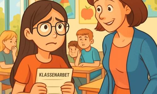 Ein 12-jähriges Mädchen mit langen braunen Haaren und runden Brillen steht in der Mitte eines hellen Klassenzimmers, ihr Gesicht zeigt Besorgnis und Nervosität, ihre Hände umklammern ein Klassenformular. Neben ihr beobachtet eine Lehrerin, eine Frau in den Vierzigern mit braunen Haaren und einem freundlichen Lächeln, sie mit einem verständnisvollen Ausdruck und ist bereit zuzuhören. Im Hintergrund sitzen Schüler, Jungen und Mädchen von 12 Jahren, an ihren Schreibtischen, einige flüstern miteinander, andere schauen neugierig auf die Szene. Das Klassenzimmer ist mit bunten Postern an den Wänden dekoriert und hat Fenster, die Sonnenlicht hereinlassen, was eine warme und einladende Atmosphäre schafft. Die Hauptsituation zeigt das Mädchen, das der Lehrerin ihre Lüge gesteht, ein Moment der Spannung und Offenbarung, in dem die Wahrheit in einem schulischen Rahmen zu Tage tritt.
