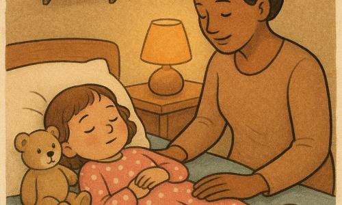 Een rustige slaperige 2-jarige dochter met kort kastanjebruin haar en kleine krulletjes ligt op bed met een klein teddy tegen haar wang, in een roze pyjama met witte stippen; haar ongeveer 32-jarige lieve, glimlachende moeder met haar in een knot zit rechts naast het bed en legt haar hand op de buik van het kind om haar langzaam te laten ademen; een versleten beige knuffelbeer ligt bij het kussen; de kleine warme slaapkamer heeft een ronde nachtlamp met oranje gloed, crèmekleurige muren, een lichthouten plank, een crème wollen tapijt, een lichtblauwe dunne dekking en een opgevouwen mosterdgeel plaid aan het voeteneinde; de sfeer is vredig en intiem met zachte texturen, lange schaduwen en ronde contouren terwijl moeder en kind ontspannen en kalm samen ademhalen richting slaap.