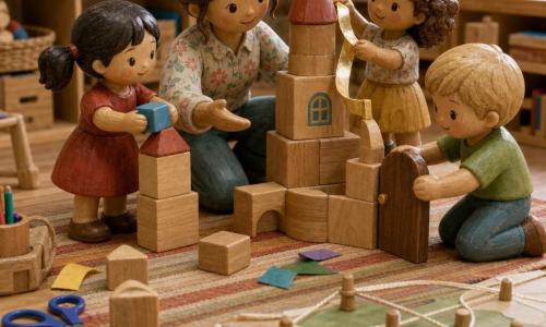 A warm, smiling female teacher with chestnut hair in a loose bun kneels and offers a small wooden hand to help a child place a block as children build a large wooden-block castle: a 4-year-old girl with black pigtails in a red dress places a blue block on top left, a 5-year-old blond boy in a green t-shirt sets a brown wooden door at the front right, another 4-year-old girl with curly brown hair and a yellow skirt holds a shiny ribbon behind the structure; the cozy classroom has a warm striped rug, light wood low table, shelves of colorful books, baskets of objects, and craft scraps and scissors nearby, creating a soft, welcoming atmosphere.