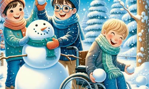 Drei Freunde spielen im Schnee: Max, ein 8-jähriger Junge mit braunen Haaren und einem großen Lächeln, baut links einen Schneemann. Ben, ein 7-jähriger Junge mit blonden Haaren und einer Brille, sammelt rechts Schnee, um eine Schneeball zu machen. Leo, ein 9-jähriger Junge im Rollstuhl, trägt einen schönen grünen Schal und lacht in der Mitte, während er einen Schneeball hält, bereit zum Werfen. Die Szene ist eine magische Winterlandschaft: Schneeflocken fallen sanft vom blauen Himmel, schneebedeckte Bäume umgeben die Szene, und der Boden ist mit einer dicken Schicht glitzernden Schnees bedeckt. Die drei Freunde haben Spaß bei einer fröhlichen Schneeballschlacht, ihre Gesichter strahlen vor Glück und Lachen und schaffen eine Atmosphäre von Kameradschaft und winterlicher Freude.