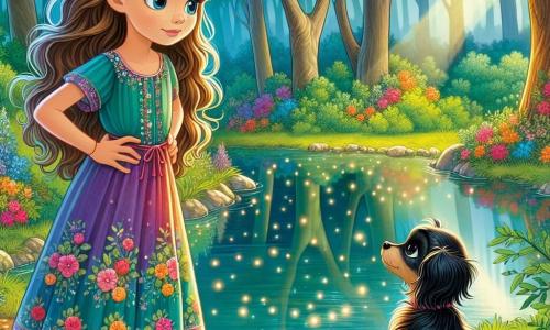 An 11-year-old girl, Elara, stands by a peaceful pond, her eyes shining with curiosity and wonder. She has long, slightly wavy brown hair and wears a colorful dress adorned with floral patterns. With her hands on her hips, she gazes intently at her reflection in the water, where glimmers of light dance on the surface. Beside her, a small black dog with sparkling eyes, around 5 years old, watches her with a wise expression. Sitting on its hind legs, its tail gently wagging, it seems to encourage Elara to discover the secrets of the pond. The setting is an enchanted glade, surrounded by majestic trees with lush green leaves and colorful flowers lining the pond. Sunlight filters through the branches, creating a play of shadows and light on the ground. The main scene shows Elara contemplating her reflection in the water, seeking to understand the meaning of happiness, while the dog beside her offers silent support, acting as a guide in her quest for wisdom.